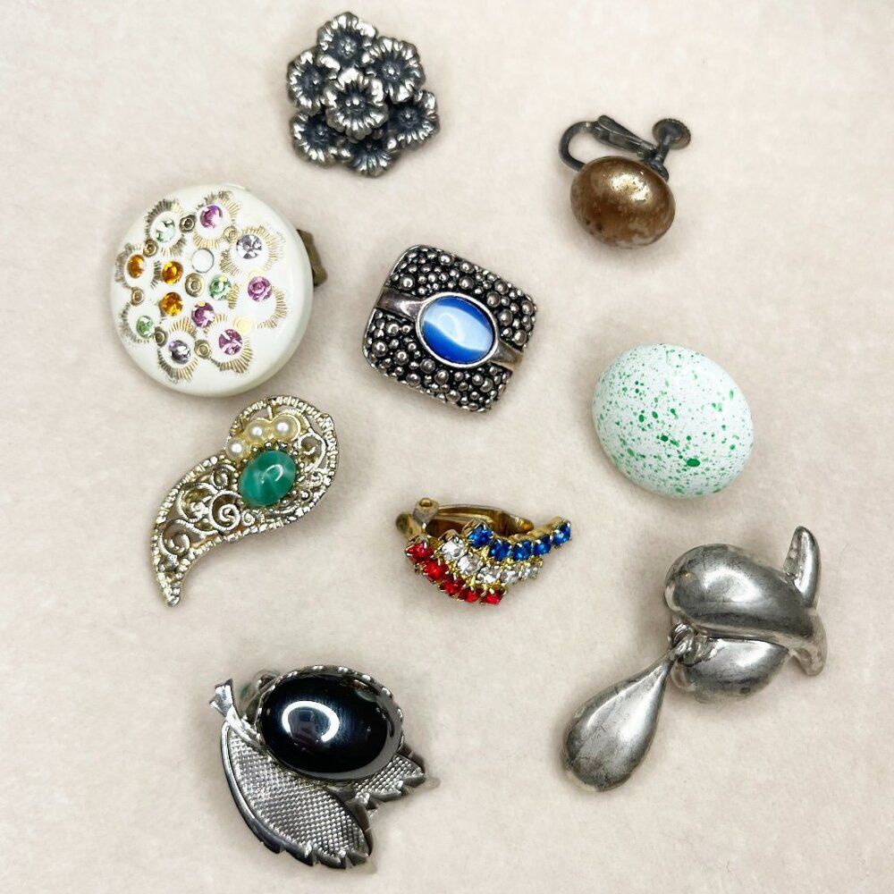 Vintage Single Clip-On Earrings Lot Rhinestone Cabochon Floral Replacement Craft